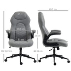 Light grey office chair with quilted back, flip-up armrests, swivel base, front and side views