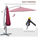 Wine-red hanging patio parasol with manual hand crank mechanism and hanging canopy