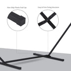 Black metal hammock stand frame with plastic end caps and easy crossbar structure