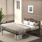 Black metal bed frame with headboard and footboard, slatted platform in bedroom