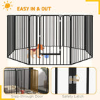 Black metal dog playpen with step-through door and safety latch, wire-bar enclosure