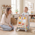 Wooden push-along baby walker with front learning activity board and wheels