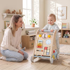 Wooden push-along baby walker with front learning activity board and wheels
