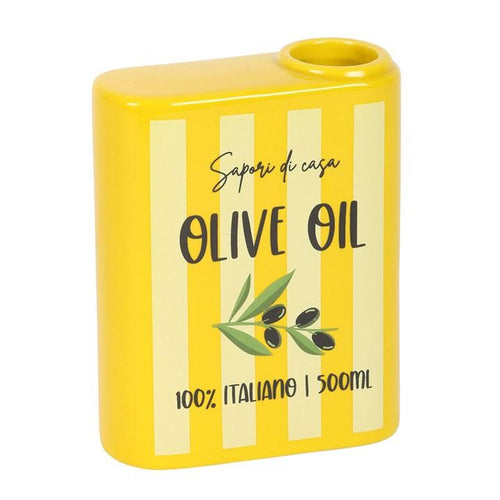 Yellow ceramic bottle-shaped flower vase with olive oil label and round opening