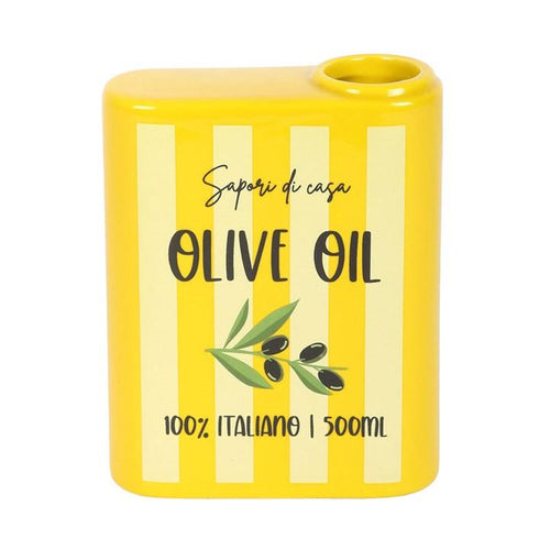 Yellow striped ceramic flower vase with olive oil print and top circular opening