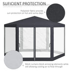 Hexagon gazebo with dark grey roof and white mesh curtains for airflow