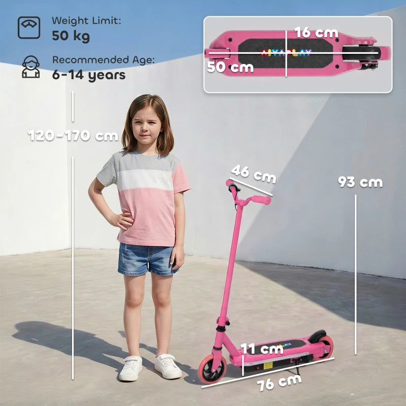 Pink electric kids scooter with handlebar, front wheel, and rear kickstand deck