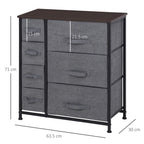 Dark grey 7-drawer fabric dresser with side view and visible size dimensions.