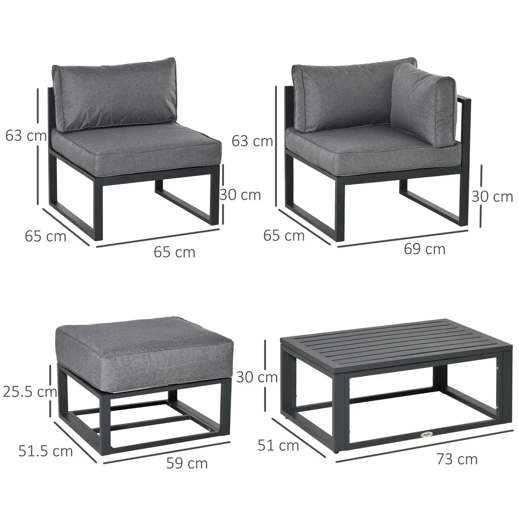 Garden Daybed, 6 Piece Outdoor Sectional Sofa Set, Aluminum Patio Conversation Furniture Set with Coffee Table, Footstool and Cushions, Grey - Bobobiy