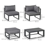 Grey outdoor sectional sofa with ottoman and coffee table, shown with size dimensions