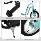 Teal kids kick scooter details: textured handle, kickstand, and 12-inch inflatable tires