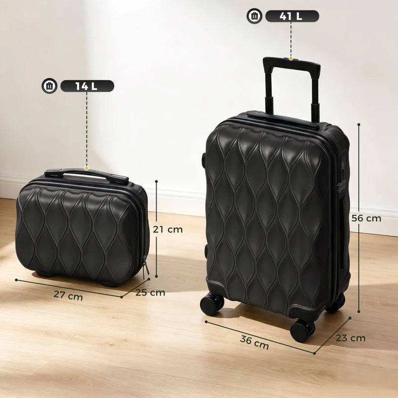 Black 2-piece hard-shell luggage set with spinner wheels, expandable carry-on sizes.