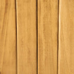 Close-up of natural wood slatted panels on storage bench front
