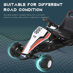 Side view of white-and-black kids pedal go-kart with large plastic wheels and black seat