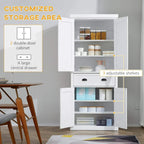 White pantry cabinet with open compartments and shelves plus a central drawer
