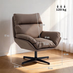 Dark brown padded swivel armchair with curved backrest and cushioned seat