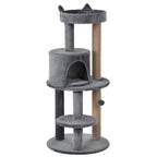Grey plush multi-level cat tree with a condo, perches, and scratching posts