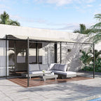 Cream fabric gazebo canopy on black metal posts with side opening for door area