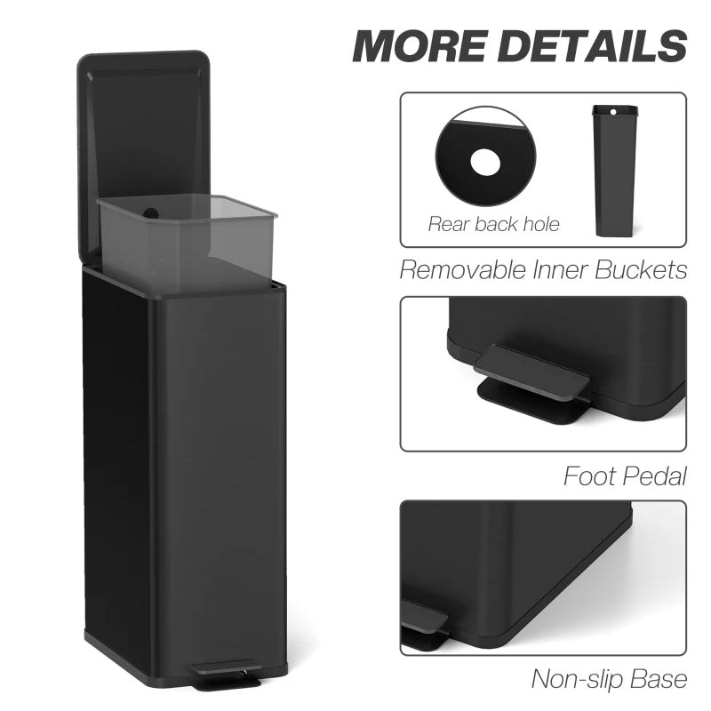 Black slim pedal bin showing removable inner bucket and non-slip base