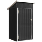 Dark gray metal outdoor storage shed with sloped roof and lockable door