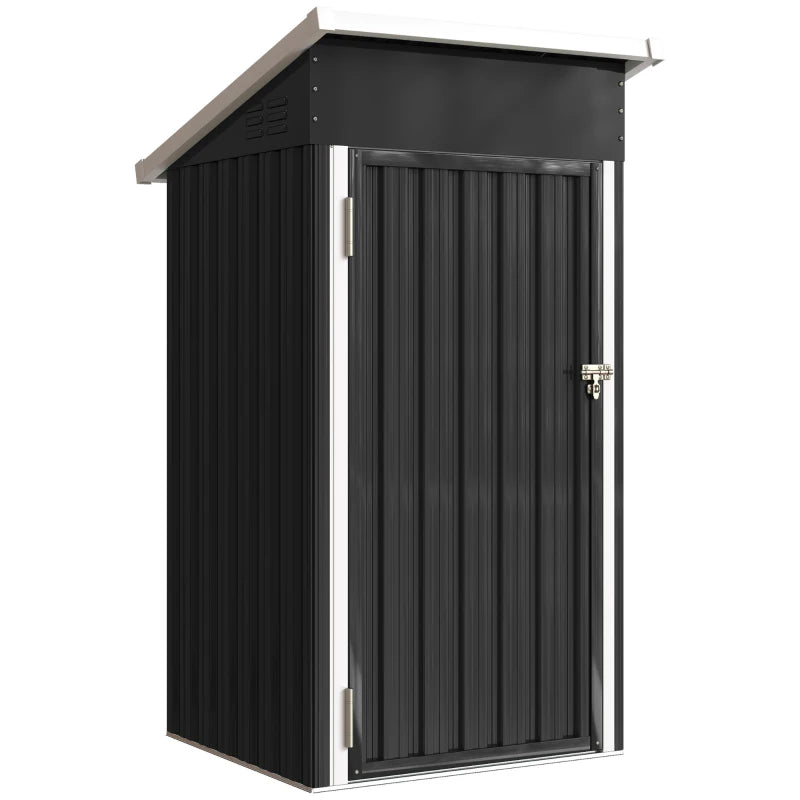 Dark gray metal outdoor storage shed with sloped roof and lockable door