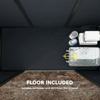 Resin shed interior showing included floor and storage space with ceiling vents