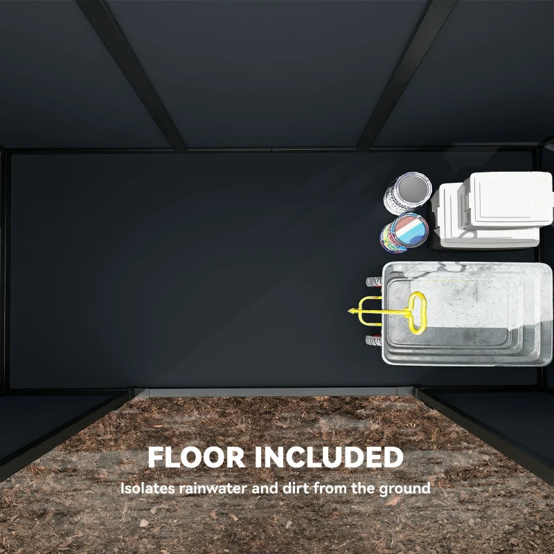 Resin shed interior showing included floor and storage space with ceiling vents