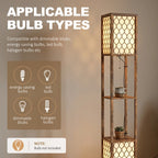 Rustic brown lamp-shelf unit with open shelves and lattice shade panel frames