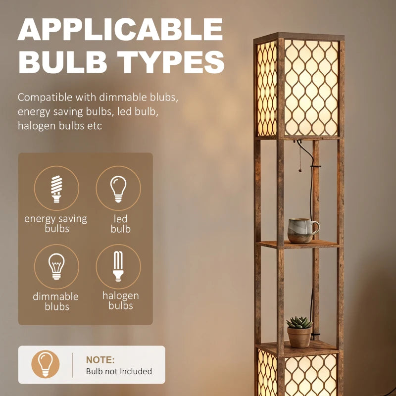 Rustic brown lamp-shelf unit with open shelves and lattice shade panel frames