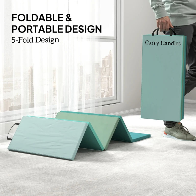 5-fold portable mixed green gym mat with carry handles for training