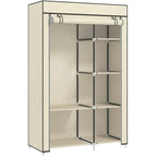 Cream fabric wardrobe with open frame, hanging rail and six storage shelves