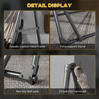 Black hammock stand details: powder-coated metal frame, non-slip feet, hooks