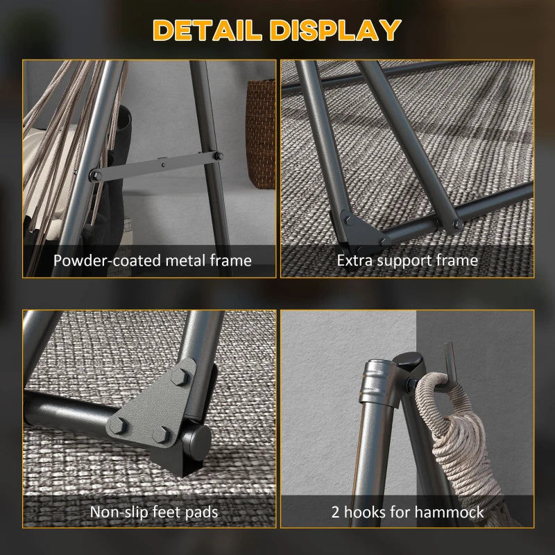 Black hammock stand details: powder-coated metal frame, non-slip feet, hooks