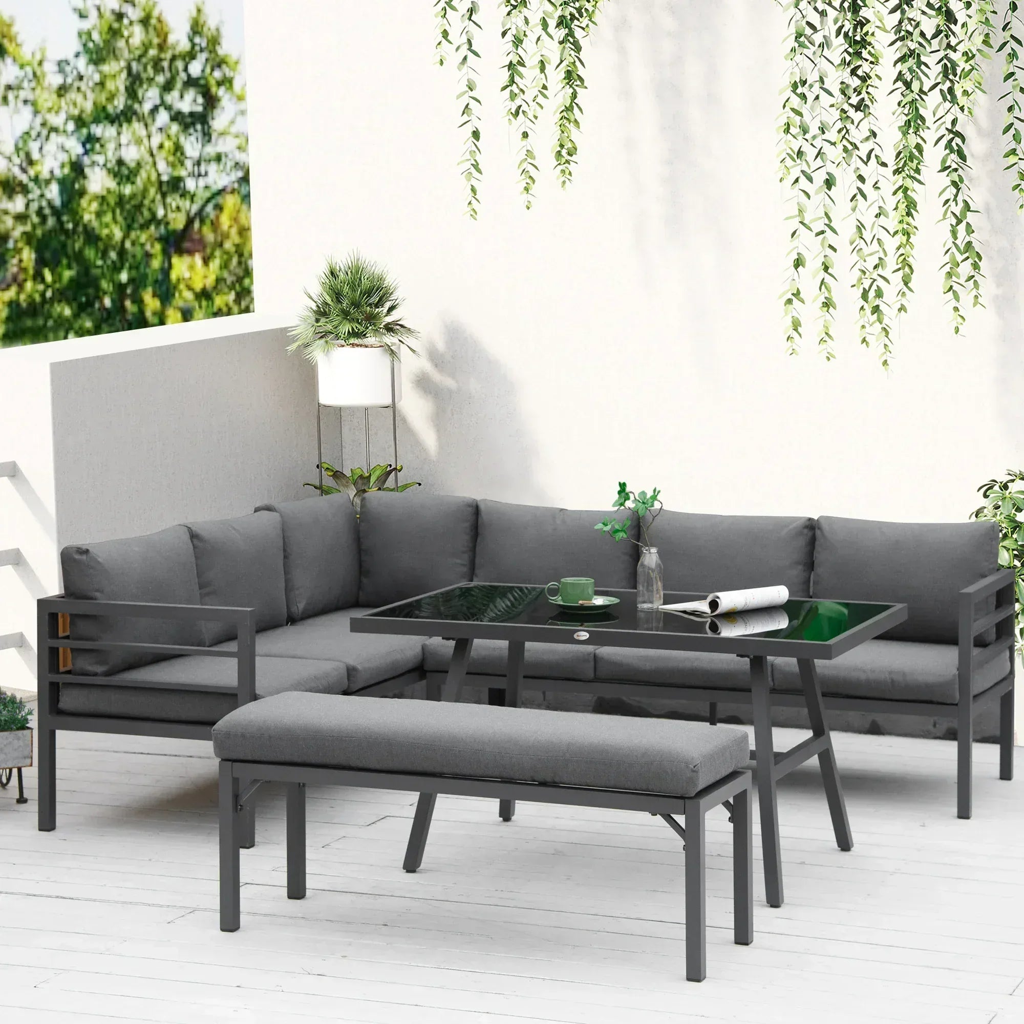 4 Piece L-shaped Garden Furniture Set 8-Seater Aluminium Outdoor Dining Set Conversation Sofa Set w/ Bench, Dining Table & Cushions, Grey - Bobobiy