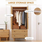 Natural wood wardrobe with hanging rail and two drawers, open front storage