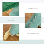 Green plush rocking dinosaur with padded fabric and easy-grip handle on wooden base