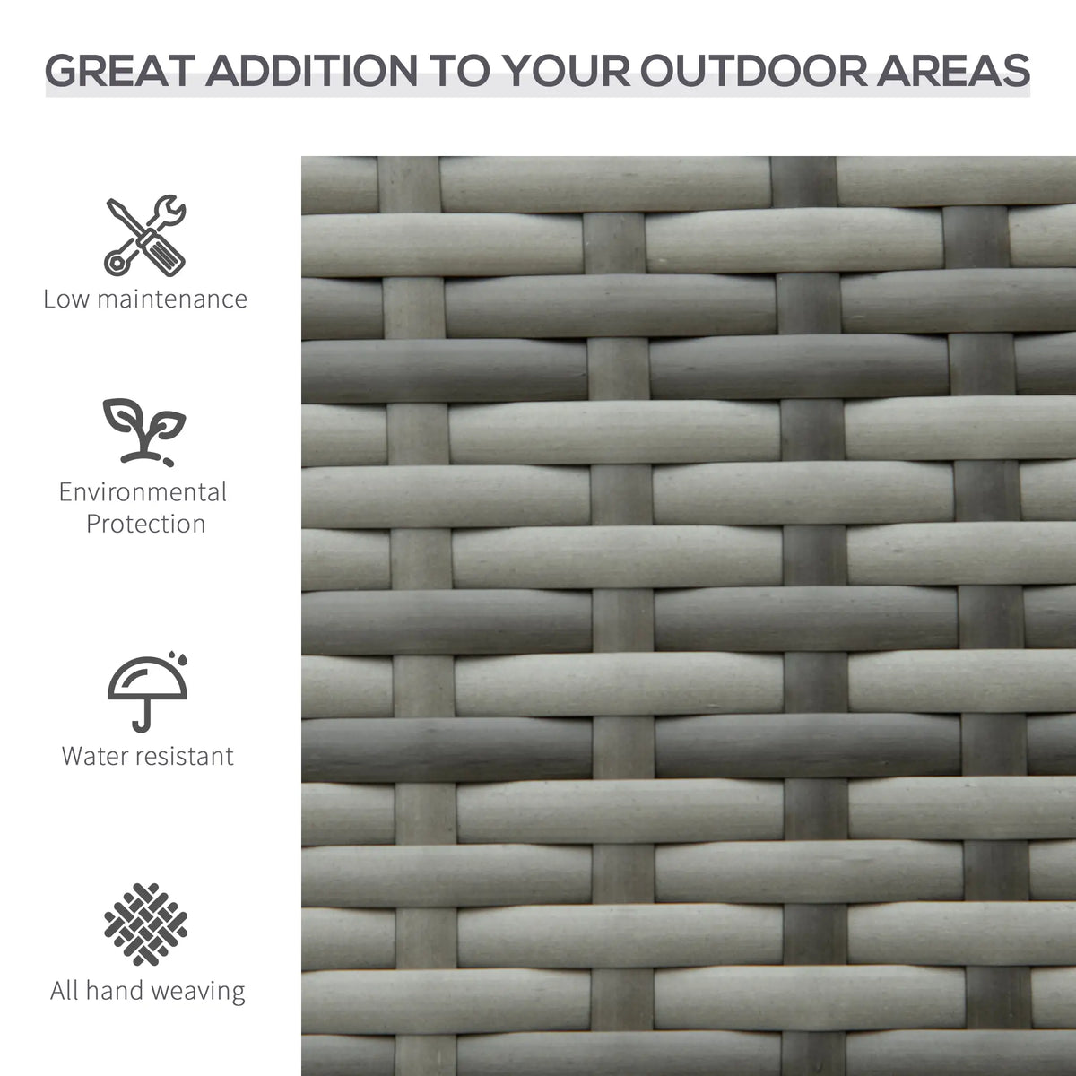 Grey poly rattan bench with close-up view of its hand-woven, water-resistant wicker