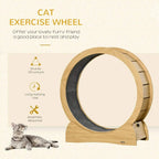 Natural wood cat exercise wheel with dark inner track and angled base
