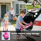 Pink electric kids scooter shown near an open car trunk for transport