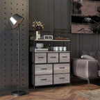 Grey wood-effect seven-drawer storage cabinet with dark frame and fabric drawer fronts