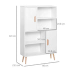 White bookcase with two cabinet doors, open shelves, and wooden leg supports