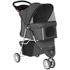 Dark grey 3-wheel foldable pet stroller with canopy and rear storage basket