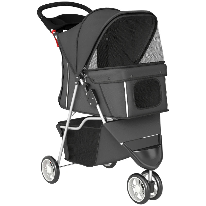 Dark grey 3-wheel foldable pet stroller with canopy and rear storage basket