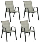 Set of four mixed grey woven rattan-style stacking garden chairs with armrests