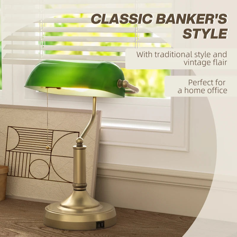 Green glass banker desk lamp with bronze base and pull-cord switch