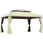 Cream double-roof garden gazebo with hanging curtains and scalloped valance