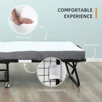 Removable mattress folding guest bed with gray foam top, black metal frame, and caster wheels