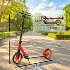 Red and black kick scooter with orange wheels and extended handlebar, on kickstand