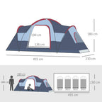 Blue and grey camping tent with red-trim arched front door and side windows