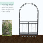 Dark grey metal garden arch with decorative panels and double gate doors